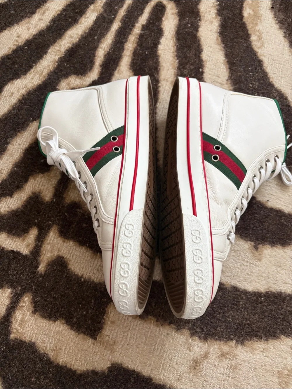 Gucci White High-Top Tennis Sneaker with Green Lining and Red Trim